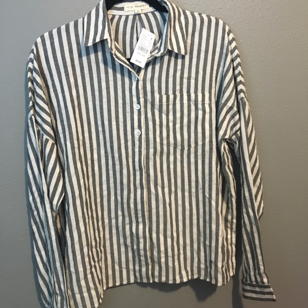 Striped white and grey button down shirt